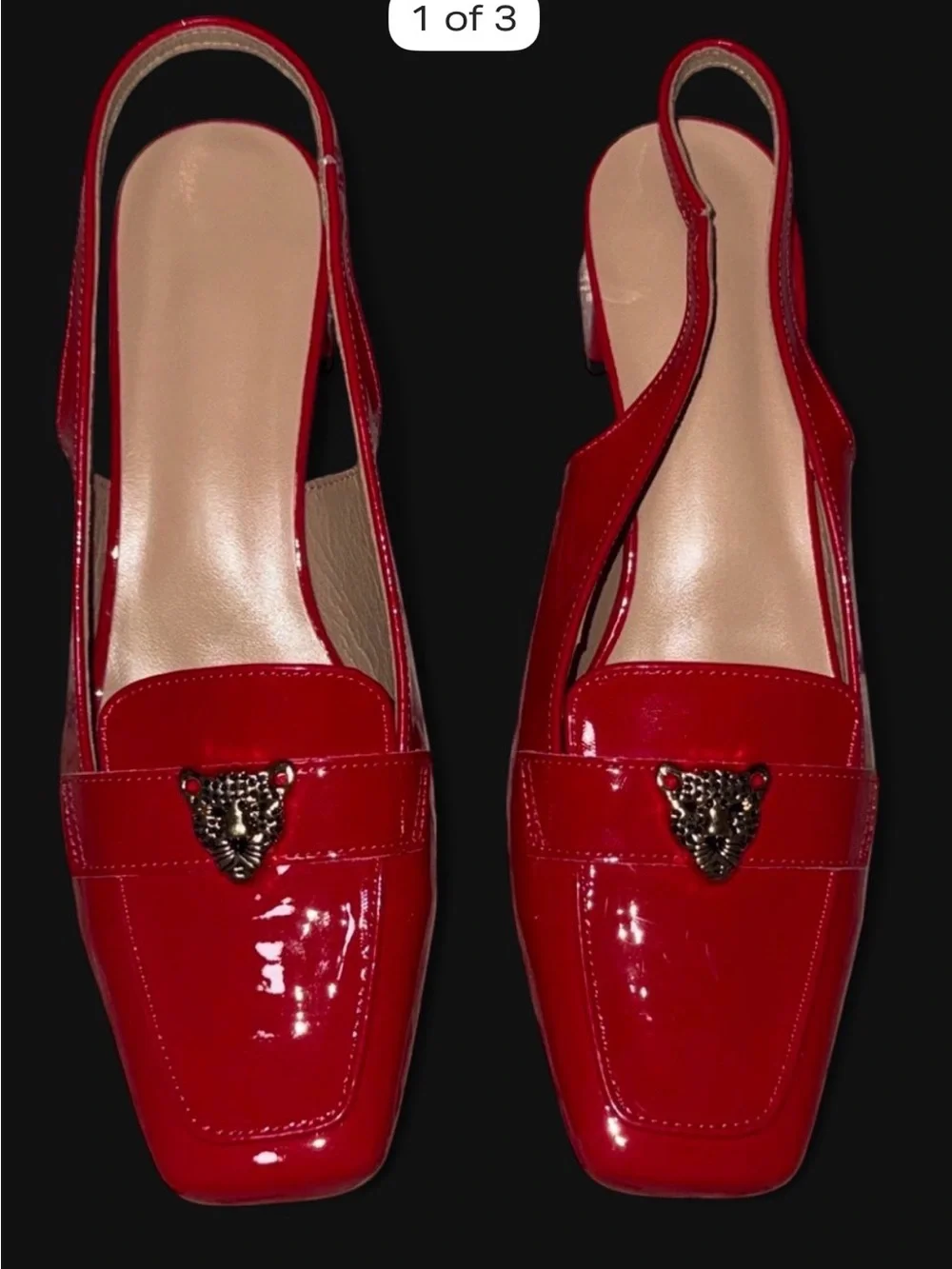 Red Patent Slingback Loafers with Decorative Crest